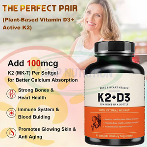 Ausreson OEM Suplemento Vitamina D3 y <span class=keywords><strong>K2</strong></span> Soporte vegano Huesos Corazón saludable Naturaleza 100000 Iu Vitamina D3 <span class=keywords><strong>K2</strong></span> Cápsulas - Product Image 4