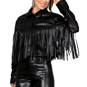 Chaqueta de cuero negra personalizable para mujer, detalle de flecos occidentales, traje de fiesta de luna de miel/Despedida de soltera, rayas de algodón personalizadas - Product Image 1