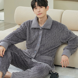 Pyjamas d'hiver pour hommes en <span class=keywords><strong>polaire</strong></span> de corail de haute qualité 2 pièces ensemble épaissir flanelle vêtements de nuit chauds ensemble de pyjama doux - Product Image 2