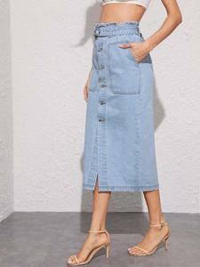Ingrosso su misura Modulare con spacco e spacco con cintura a vita alta aderente lungo donna donna donna donna blu jeans jeans <span class=keywords><strong>Midi</strong></span> gonne - Product Image 3