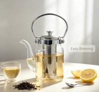 Théière en verre borosilicate haut de gamme au design classique, avec poignée en métal argenté, bouilloire artisanale avec infuseur en acier inoxydable