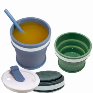 Eco friendly bpa free portatile in silicone pieghevole pieghevole tazza riutilizzabile da viaggio pieghevole in silicone tazza da caffè 20oz con coperchio e paglia