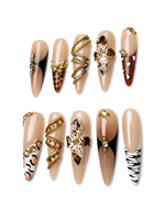Lot de 10 faux ongles longs en forme de stiletto, faits à la main, motif léopard et zèbre de luxe, en gel, réutilisables, avec fleurs 3D et chaîne
