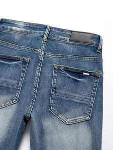 <span class=keywords><strong>Jeans</strong></span> de mezclilla elásticos azules claros para <span class=keywords><strong>hombre</strong></span>, corte recto, ajuste <span class=keywords><strong>regular</strong></span>, lavados, desgastados y rotos, con bordado personalizado al por mayor - Product Image 3