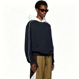 Felpa con Cappuccio Oversize di Alta Qualità per <span class=keywords><strong>Uomo</strong></span>, Stile Streetwear Essenziale, Bicolore Blu Navy e Bianco con Bordi in French Terry - Product Image 2