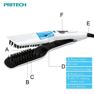 PRITECH Temperature Control Steam Hair Straightener <strong>Brush</strong> With Hang up Loop 2-in-1 Moisture Mist <strong>Ceramic</strong> High Tech <strong>Hot</strong> Comb - Product Image 2