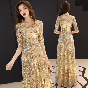 Gold <b>Sequin</b> Evening Gown V-Neck A-Line Long Dress For Women Formal Party Wear - Product Image 1