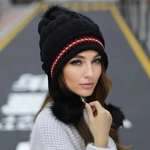 Woman Winter Fashion Hats and Gloves Set Soft Comfortable <strong>Pom</strong> <strong>Pom</strong> Knitted Sleeve <strong>Beanie</strong> - Product Image 3