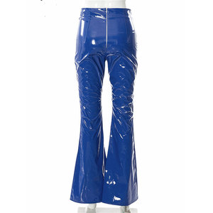 Mode coréenne vente en gros nouvel arrivage <span class=keywords><strong>pantalon</strong></span> taille haute en cuir PU <span class=keywords><strong>bleu</strong></span> noir pour femmes <span class=keywords><strong>pantalon</strong></span> évasé de couleur personnalisée pour femmes - Product Image 3