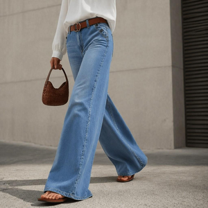 Jean tendance 2026 pour femme, bleu clair vintage, taille haute, coupe large, en <span class=keywords><strong>denim</strong></span> écologique délavé, avec poches décoratives à boutons - Product Image 2