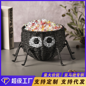 Boîte de rangement pour bonbons d'Halloween en forme d'araignée, panier noir tressé fait main, décoration intérieure, forme ronde, type sur pied - Product Image 5