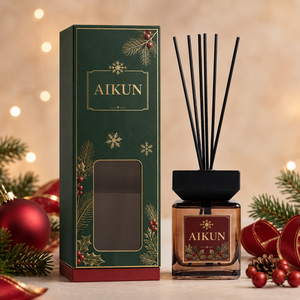 Aikun Amber Allure <b>Square</b> Smoked Glass Window Box Christmas Reed Diffuser <b>Set</b> with Black Fiber Sticks Wooden Cap for Holiday - Product Image 1