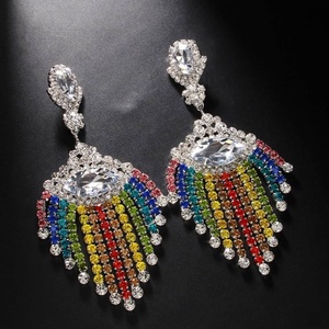 European American Style Bohemian Tassel Gold Plated Copper Alloy Earrings Rainbow Rhinestone <b>Pendant</b> Drop Design for Women's - Product Image 4