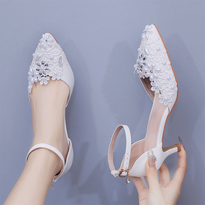 <span class=keywords><strong>Zapatos</strong></span> de tacón de verano 2024 <span class=keywords><strong>personalizados</strong></span> para mujer, <span class=keywords><strong>zapatos</strong></span> de boda con perlas de encaje blanco de 5cm para <span class=keywords><strong>novia</strong></span>, Sandalias de tacón con punta cerrada - Product Image 5