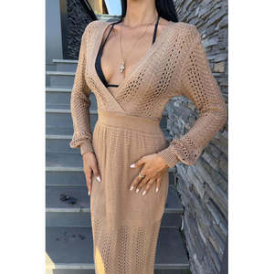 Vestido de punto con cuello en V profundo, ceñido al cuerpo, cintura natural, transpirable, con aberturas, informal y de ocio. - Product Image 1