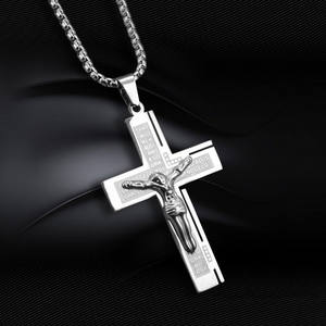 KOMI Collier croix en acier inoxydable pour hommes, couleur argent or, crucifix de prière des seigneurs, pendentif croix, bijoux chrétiens pour hommes - Product Image 1