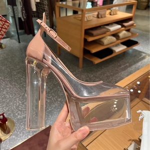 Nouvelles Sandales d'été pour femmes en PVC, à talons hauts épais et plateforme transparente, ornées de cristaux, avec boucles de cheville, couleur abricot - Product Image 6