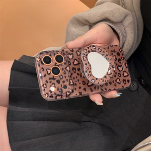 IMD Leopard Print Graphic Mirror Bracket Mobile Phone case for iPhone 17 16 15 Pro Max Air love Stand Cute Cartoon Holder Cover - Product Image 4
