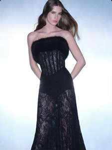 A11391 Gaun Malam Hitam Mewah dengan Hiasan Bulu, Tanpa Tali, Bordir, Renda, Tanpa Punggung, Panjang Maxi untuk Pesta <span class=keywords><strong>Prom</strong></span> Koktail. - Product Image 1