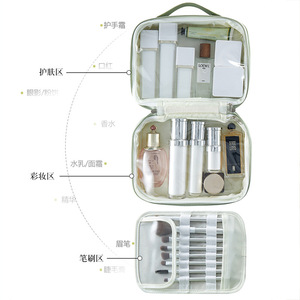 Sac à cosmétiques imperméable de grande capacité avec compartiment pour pinceaux, pour le voyage et le rangement à domicile, matériau PU de couleur unie - Product Image 2