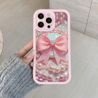 Coque de téléphone portable antichoc en TPU avec motif nœud papillon pailleté et perles, style lentille d'appareil photo, pour iPhone 11 12 13 14 15 16 17 18 Pro Max