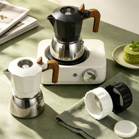 Cafetière Moka Tenrey 2 tasses à double valve en aluminium et acier inoxydable pour cuisinière, avec poignée en bois, pour un café riche en crème et un expresso parfait