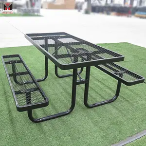 Harga pabrik Set meja piknik luar ruangan, meja piknik baja luar ruangan persegi panjang hitam meja Metal taman teras