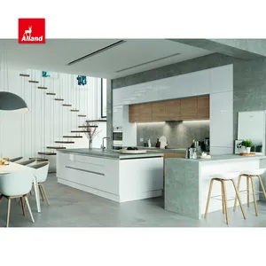 AllandCabinet putih kilau tinggi dan kayu Veneer kabinet dapur dua warna dengan abu-abu kuarsa meja Pulau