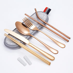 Kunden spezifisches Logo Reise utensilien Wieder verwendbares tragbares Reisebesteck-Set 7-teilig inklusive Messer gabel Löffel Essstäbchen Stroh bürste - Product Image 5