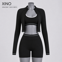 Fabricant de vêtements de sport, ensemble de yoga 3 pièces, veste courte zippée, soutien-gorge de sport, short taille haute, vêtements d'entraînement personnalisés avec étiquette privée