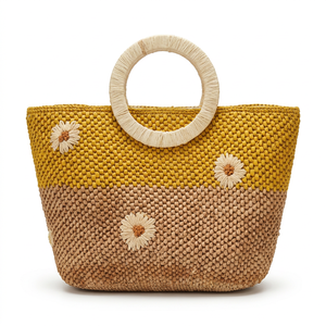 Bolso de Mano Bohemio de Rafia para Mujer, Diseño de Media Luna con Estampado Floral, Ligero, Abierto, con una Sola Correa, Pequeño, Capacidad de 3L, para Uso Diario - Product Image 2