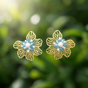 Fashion <b>Stud</b> <b>Earrings</b> Gold Plated 316L Stainless Steel <b>Blue</b> Flower Pearl Center Women's Jewelry - Product Image 3