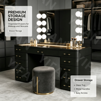 Coiffeuse moderne de luxe avec éclairage coloré, 13 tiroirs, blanc et noir, miroir réglable, pour chambre à coucher - Nouveauté 2026