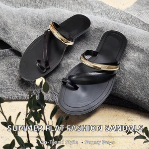 2026 Summer New Casual <b>Flat</b> Bottom Large Fashion Slippers for Women Button Rubber Outsole Metal Decorative Beach <b>Sandals</b> - Product Image 2
