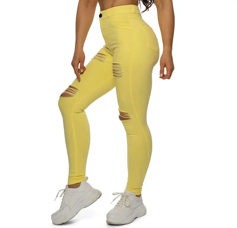 Damen Regular Pastell 4 Loch Ripped High Waisted Yellow Fitness Jeans