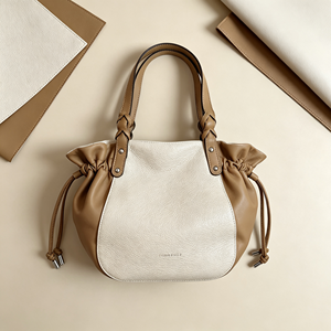 Vintage Cream <b>Tan</b> Bucket <b>Bag</b> Soft Pebble Grain Drawstring Edge Decorative Knot Handle Everyday Purse - Product Image 6