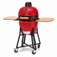 Barbecue au charbon de bois en céramique Kamado de 16 pouces avec support et étagères latérales en bois pour le camping et la terrasse