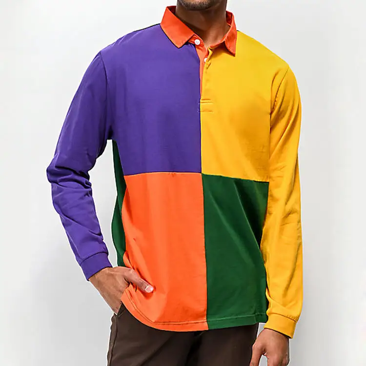 High quality Custom plain 100% cotton long sleeve polo shirt rugby polo long sleeve color block mens long sleeve polo shirts