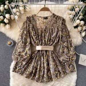 Nueva Blusa Retro para Mujer, Cuello en V, con Cordones, Mangas Largas Abullonadas, Blusas con Estampado de Piel de Serpiente - Product Image 4