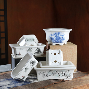 <span class=keywords><strong>Pot</strong></span> en céramique blanche émaillée fait main de qualité supérieure avec impression décorative, grand <span class=keywords><strong>pot</strong></span> de bureau chinois moderne pour bonsaï vert - Product Image 1