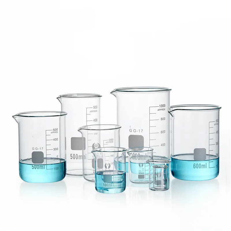 Vaso de cristal de borosilicato con boquilla, vaso de vidrio de alta forma, medida, precio de fabricación