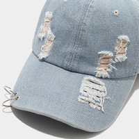 Casquette de baseball vintage en jean délavé à profil bas, 6 panneaux, avec boucle métallique vieillie et anneaux métalliques sur la visière