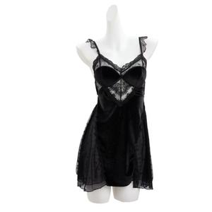 ชุดนอนสายเดี่ยวผ้ากำมะหยี่ปักลายตาข่ายเย็บต่อกัน พร้อมฟองน้ำเสริมหน้าอก แขนบานหวานๆ สไตล์ชุดอยู่บ้าน - Product Image 4