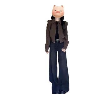Dark Brown Short Padded Shoulder Lapel Jacket Women Autumn Casual Baseball Style Solid Color Woven Coat - Product Image 5