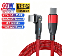 Câble de données à charge rapide Type-C 60W, rotatif à 180°, avec gaine tressée en nylon, compatible avec les téléphones et les ordinateurs portables