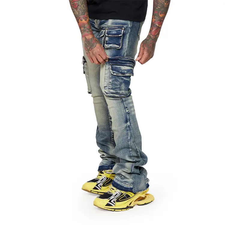 Custom wholesale stacked multiple 9 pockets skinny fashion faded washed high quality men's denim jeans