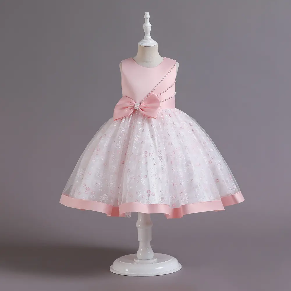 Summer Beaded Bowknot Pink, Knee Length Sleeveless Princess Cute Skirt Kids Little For Girls Dress Solid Colored Tulle Dresses/