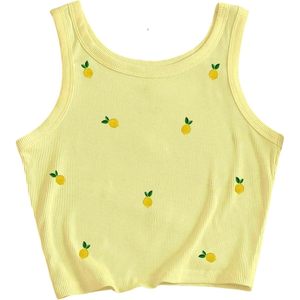 FOXA Débardeur pour femme avec broderie citron, col rond, sans manches, en tricot côtelé, en coton respirant - Product Image 1