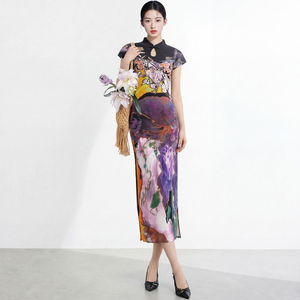 Robe mi-longue style mandarin chinois PY 2026 avec imprimé floral, coupe ajustée, manches courtes, en polyester tissé - Product Image 2