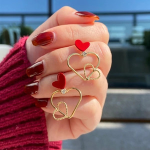 Orecchini pendenti a cuore rosso dolce per donna, accessori per l'orecchio cavi per uso quotidiano - Product Image 2